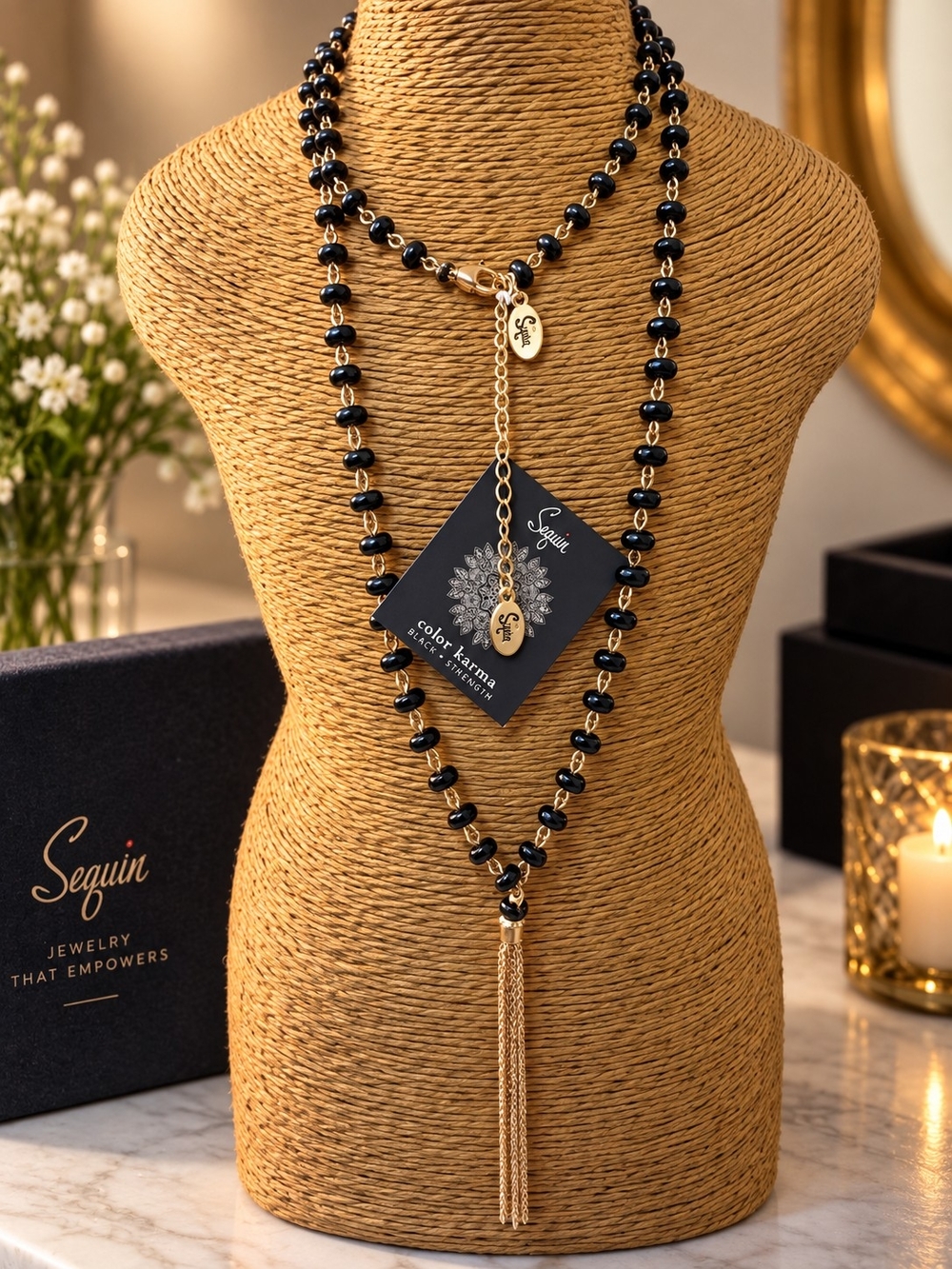 Black Beaded Tassel Necklace by